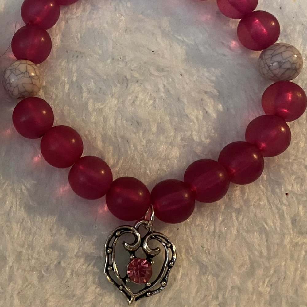 BOGO Dark Pink bead/heart charm elastic bracelet
